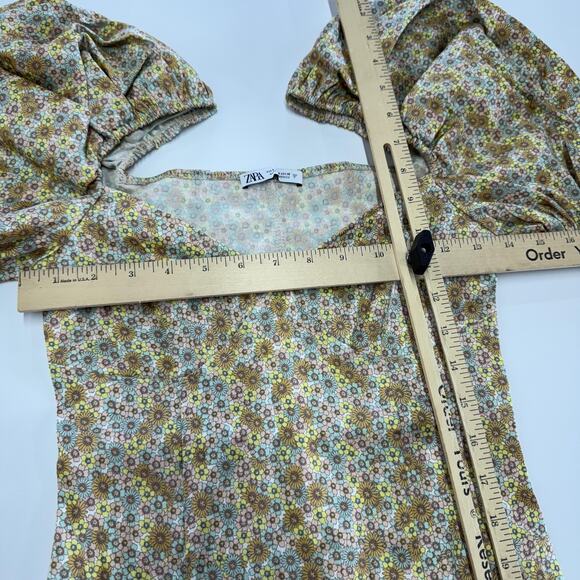 Zara Dress Womens Small Yellow Floral Puff Sleeve V Neck Mini Spring Summer Boho - Picture 6 of 8